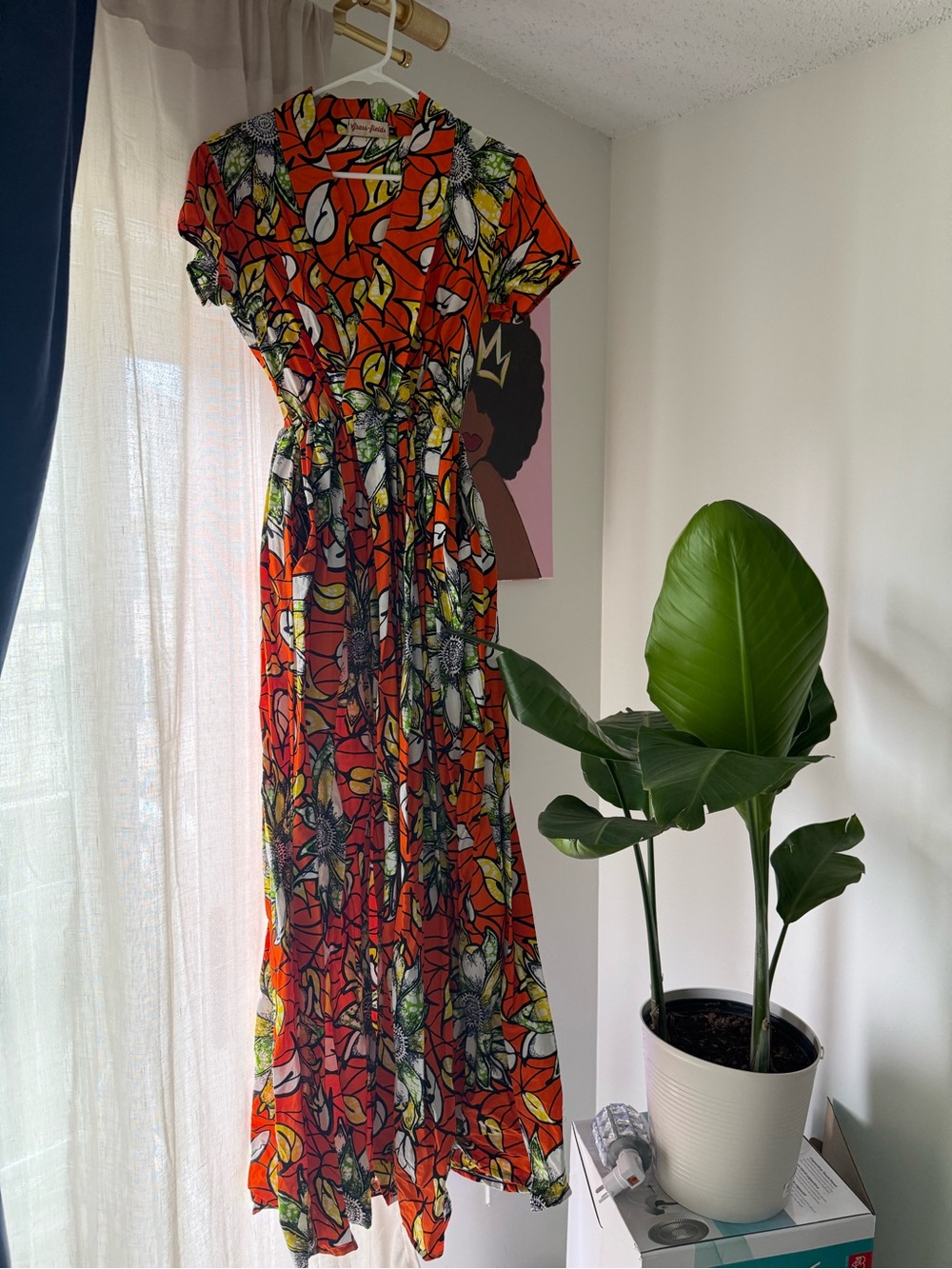 Printed Orange Floral Maxi Dress with Cinched Waist